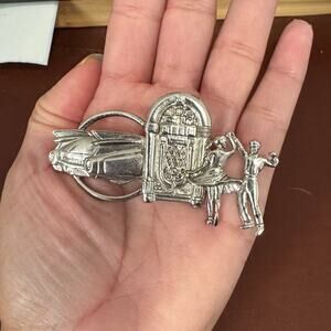Vintage Jukebox dancers car Brooch  Music Pin silver tone nostalgic hat lapel